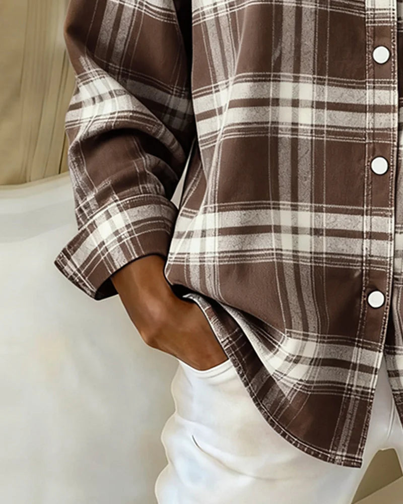 Women's Plaid Shirt with Button-Front Collar and Relaxed Everyday Fit - Brown Cuff Detail