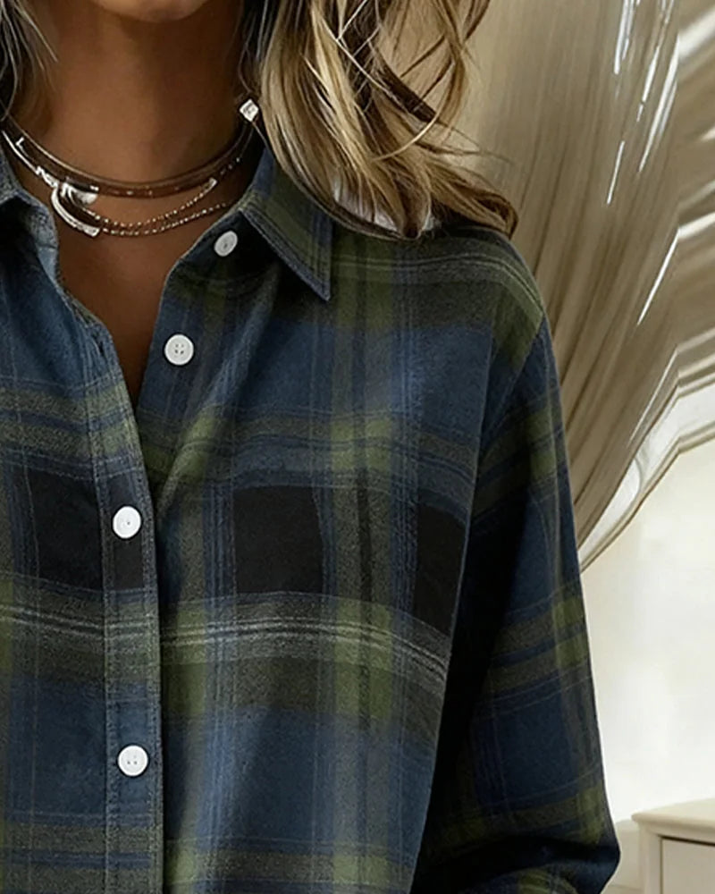 Women's Plaid Shirt with Button-Front Collar and Relaxed Everyday Fit - Collar Closeup