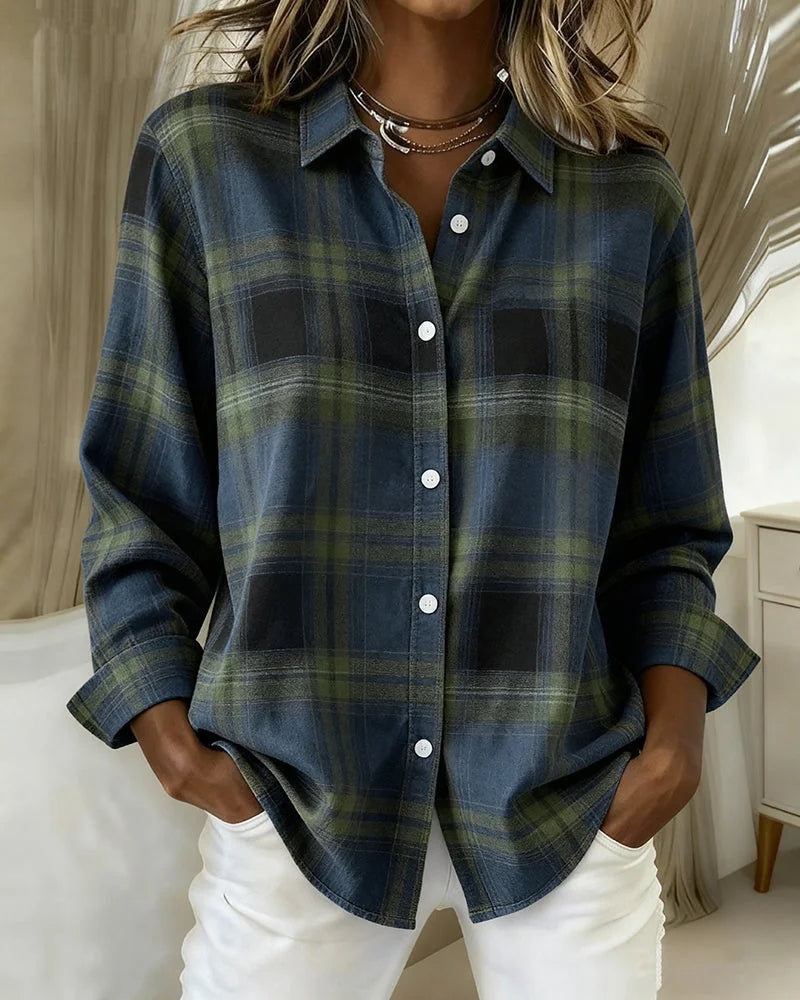 Green Women's Plaid Shirt with Button-Front Collar and Relaxed Everyday Fit