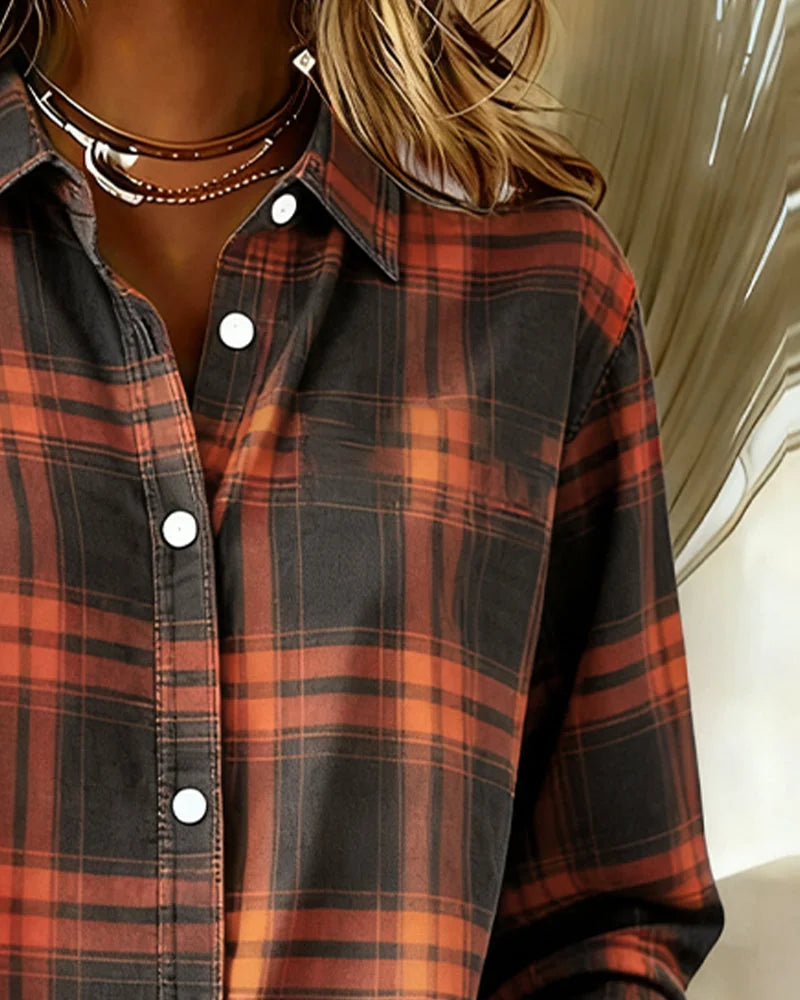 Women's Plaid Shirt with Button-Front Collar and Relaxed Everyday Fit - Collar Detail Close