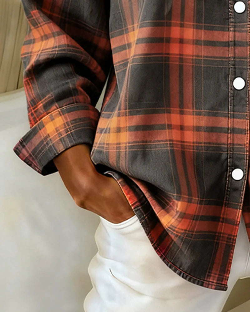 Women's Plaid Shirt with Button-Front Collar and Relaxed Everyday Fit - Hem Pocket Detail
