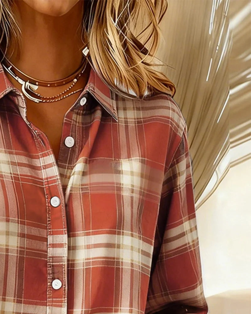 Women's Plaid Shirt with Button-Front Collar and Relaxed Everyday Fit - Collar Closeup