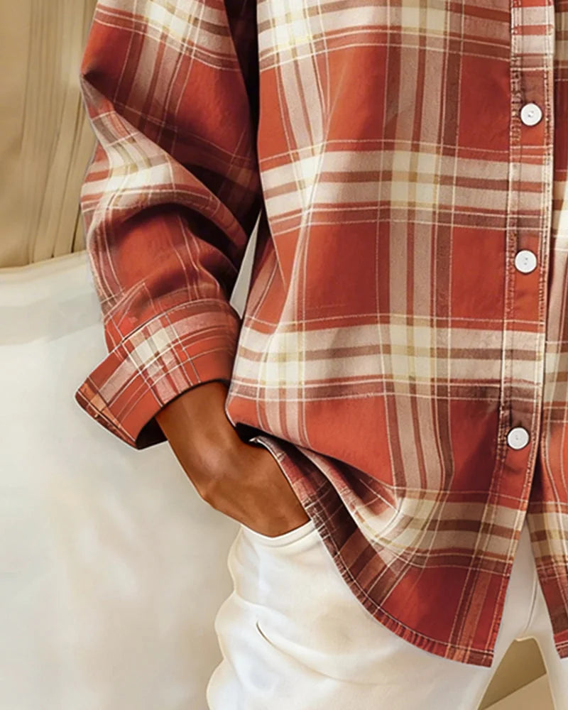 Women's Plaid Shirt with Button-Front Collar and Relaxed Everyday Fit - Sleeve Detail