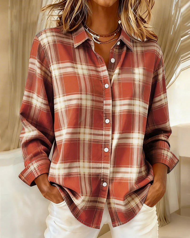 Red Women's Plaid Shirt with Button-Front Collar and Relaxed Everyday Fit