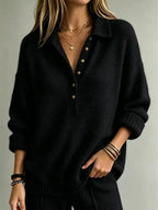 Black Women's Polo Sweater with Button Neck & Relaxed Oversized Fit — Lottie - Front Detail Hand Pocket