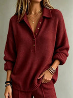 Red Women's Polo Sweater with Button Neck & Relaxed Oversized Fit — Lottie