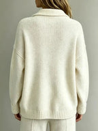 White Women's Polo Sweater with Button Neck & Relaxed Oversized Fit — Lottie - Back Detail