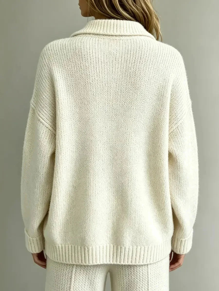 White Women's Polo Sweater with Button Neck & Relaxed Oversized Fit — Lottie - Back Detail