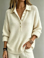White Women's Polo Sweater with Button Neck & Relaxed Oversized Fit — Lottie