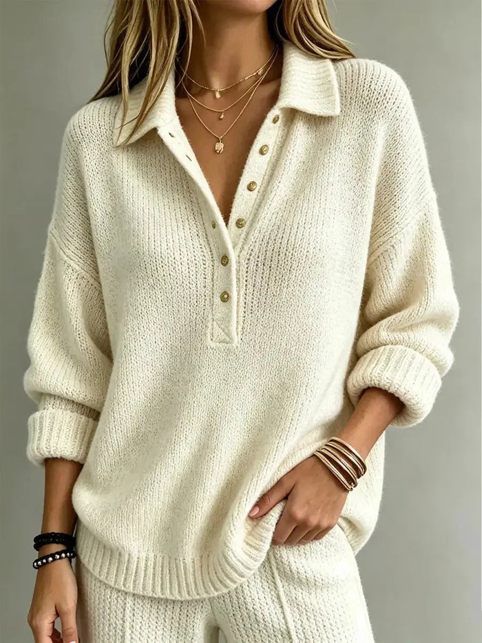 White Women's Polo Sweater with Button Neck & Relaxed Oversized Fit — Lottie