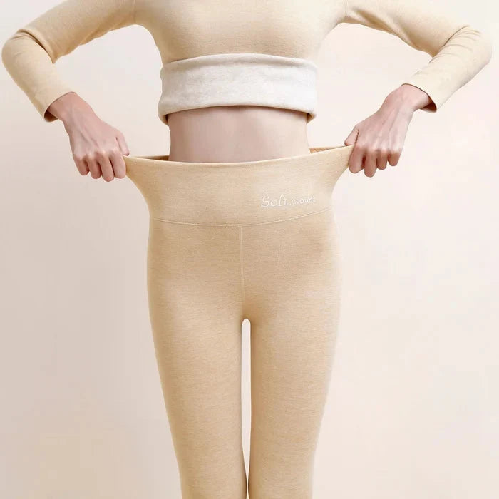 Beige Women's Fleece Leggings with Fold-Over High-Waist Design