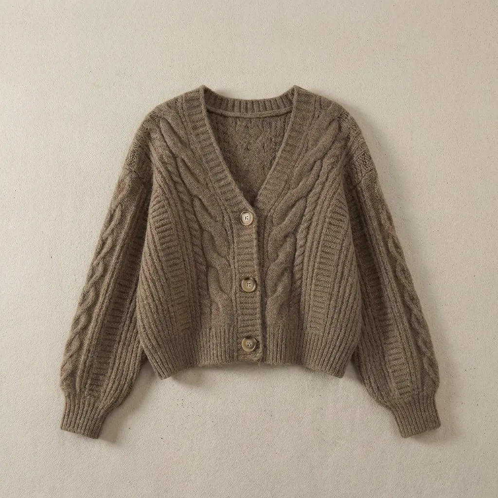 Brown Women's Cropped Cardigan with Cable Knit Texture & Relaxed Fit