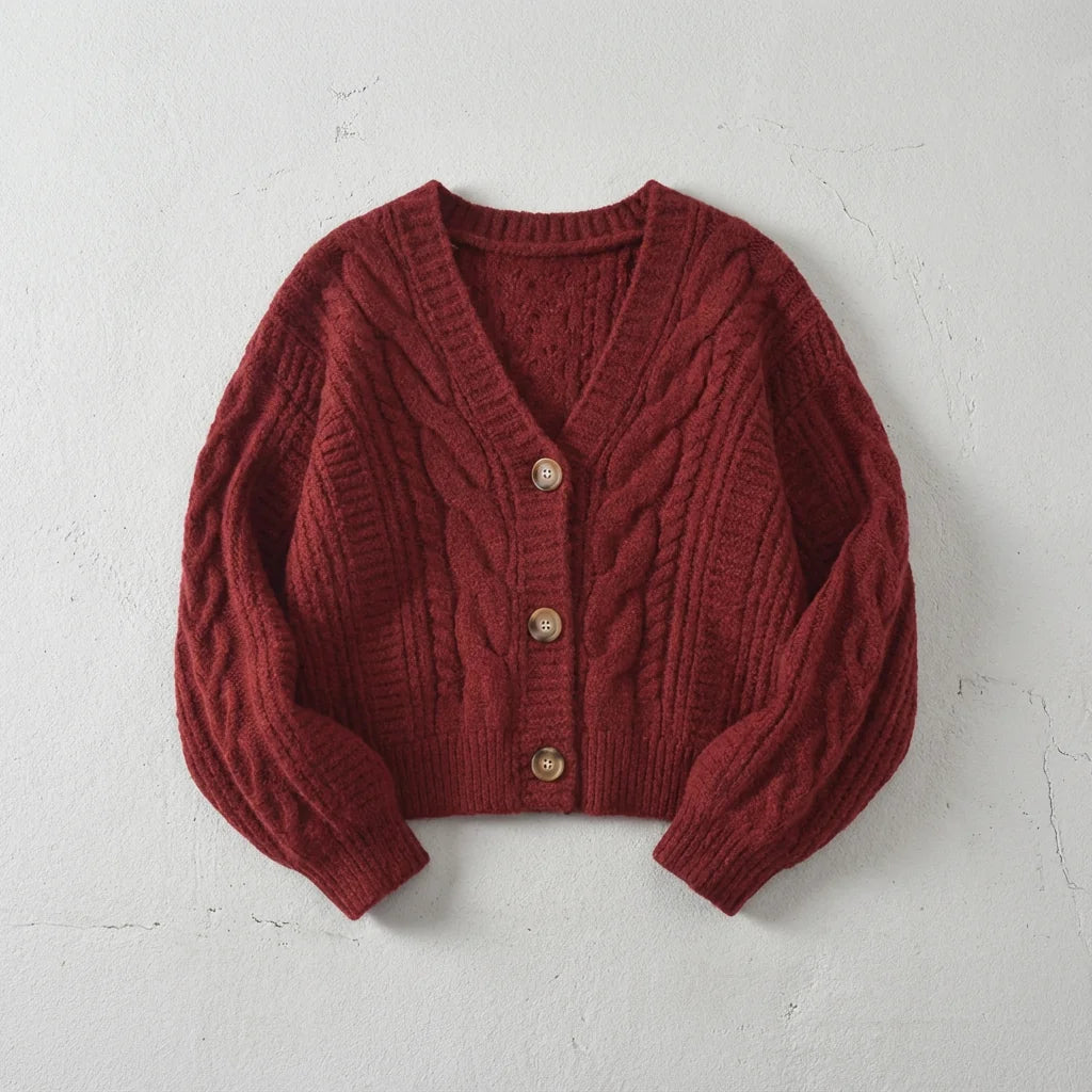 Red Women's Cropped Cardigan with Cable Knit Texture & Relaxed Fit