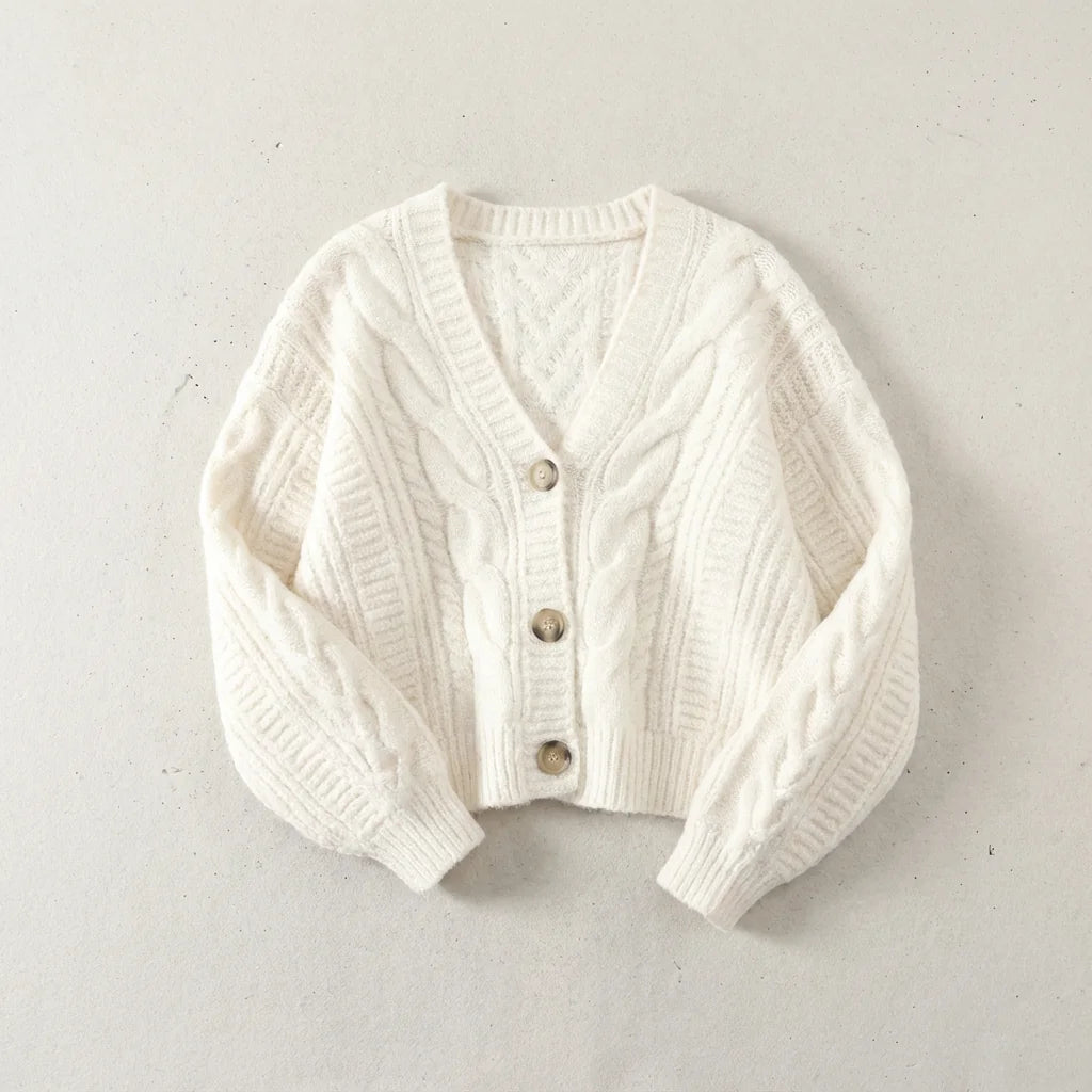 White Women's Cropped Cardigan with Cable Knit Texture & Relaxed Fit