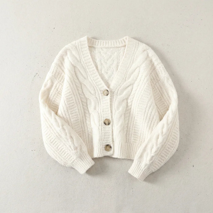 White Women's Cropped Cardigan with Cable Knit Texture & Relaxed Fit