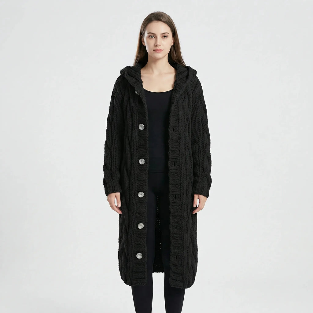 Black Women's Hooded Cable-Knit Cardigan with Button-Front & Relaxed Fit — Kate