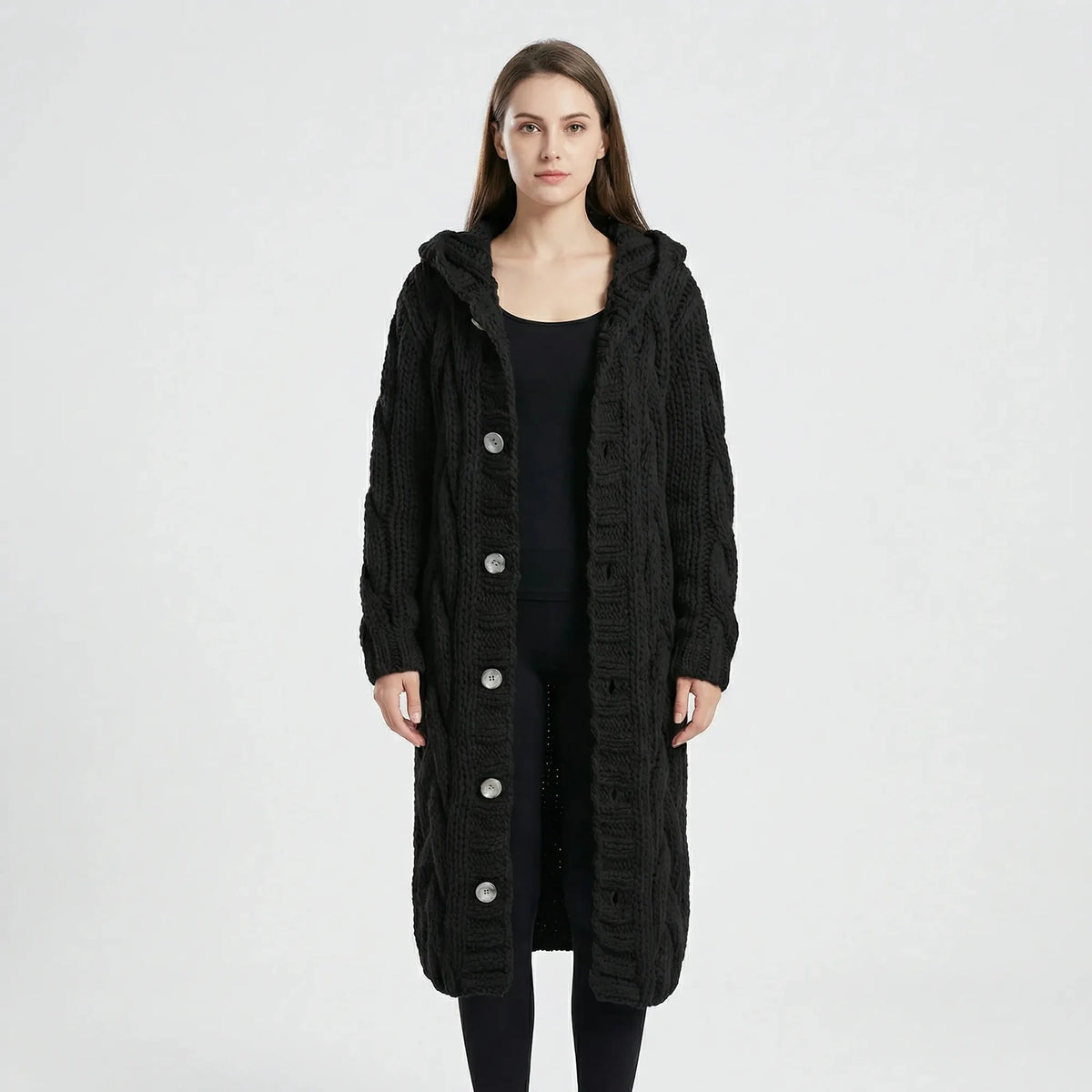 Black Women's Hooded Cable-Knit Cardigan with Button-Front & Relaxed Fit — Kate
