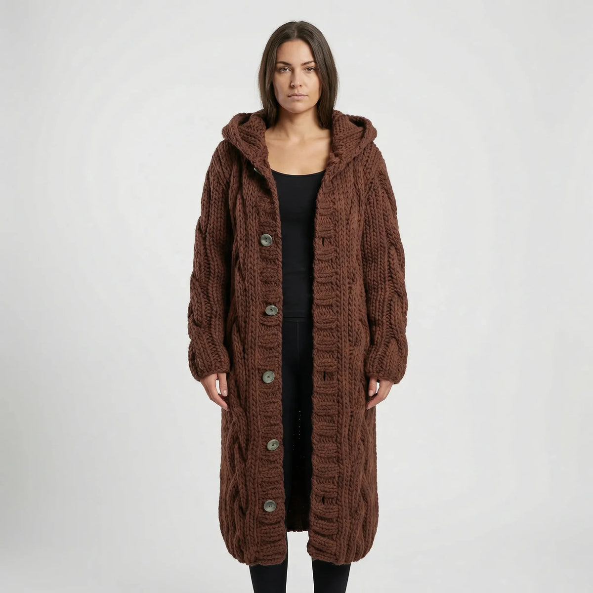 Brown Women's Hooded Cable-Knit Cardigan with Button-Front & Relaxed Fit — Kate