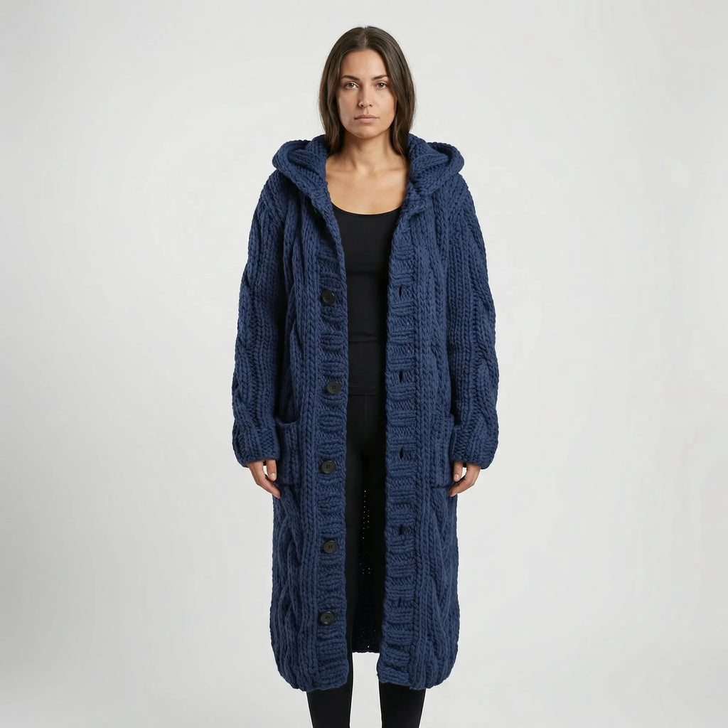 Dark Blue Women's Hooded Cable-Knit Cardigan with Button-Front & Relaxed Fit — Kate