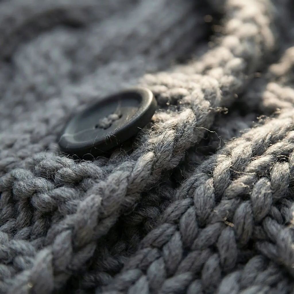 Women's Hooded Cable-Knit Cardigan with Button-Front & Relaxed Fit - Button Detail Closeup