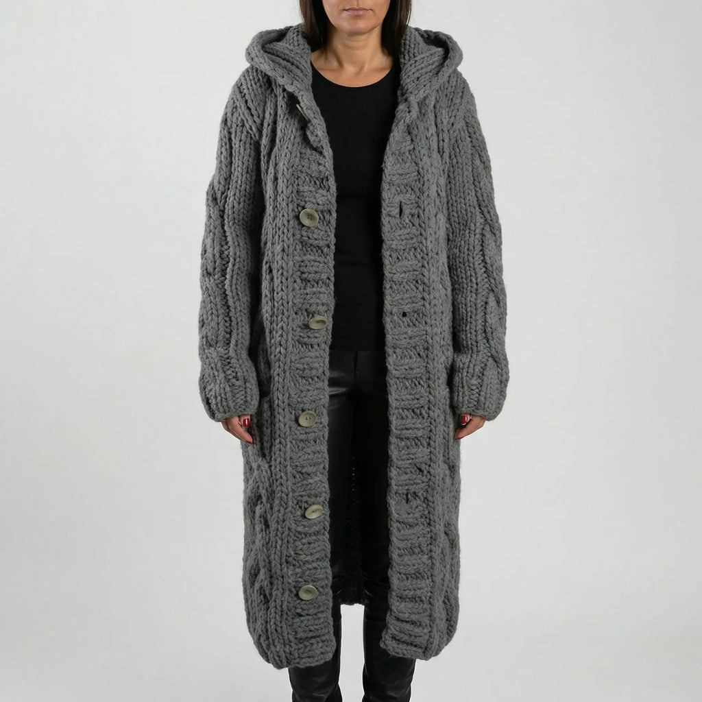 Dark Grey Women's Hooded Cable-Knit Cardigan with Button-Front & Relaxed Fit — Kate - Close Front