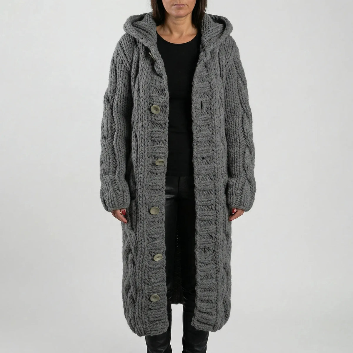 Dark Grey Women's Hooded Cable-Knit Cardigan with Button-Front & Relaxed Fit — Kate - Close Front
