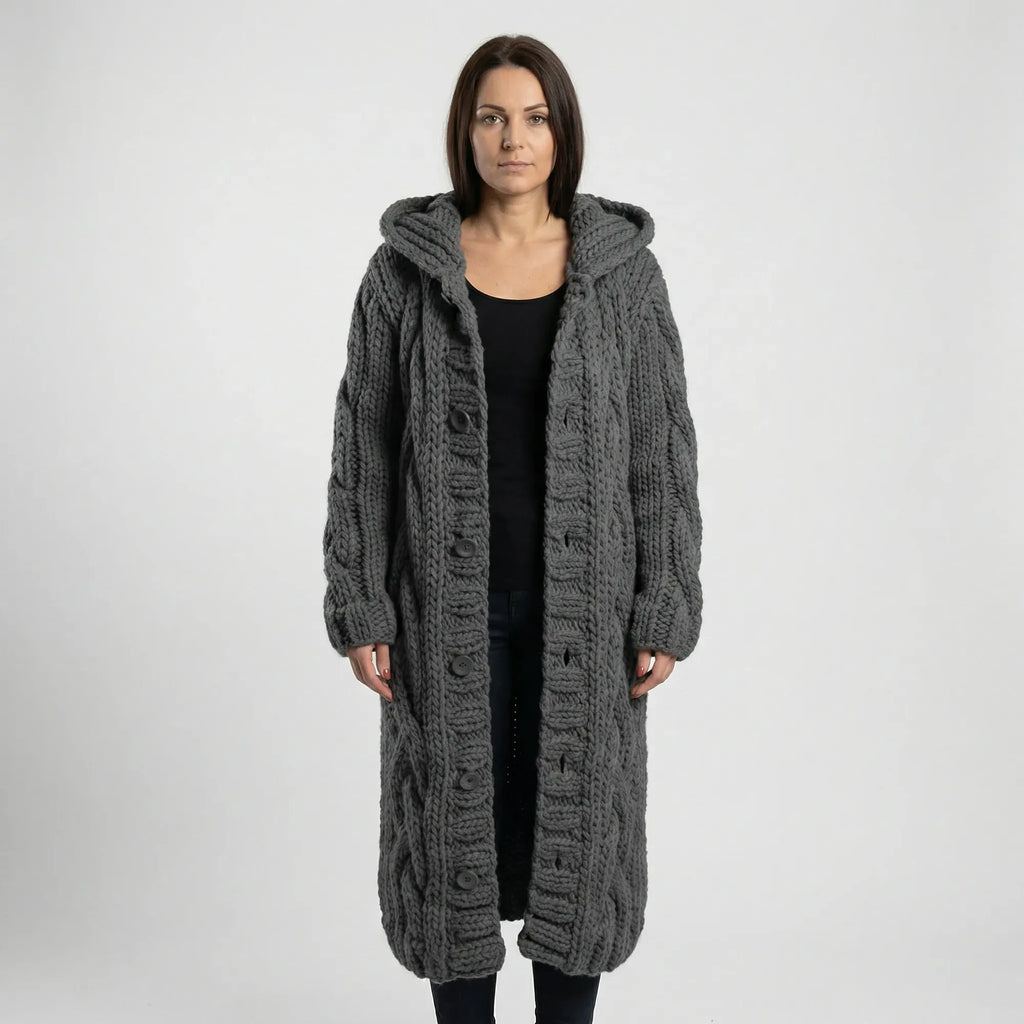 Dark Grey Women's Hooded Cable-Knit Cardigan with Button-Front & Relaxed Fit — Kate