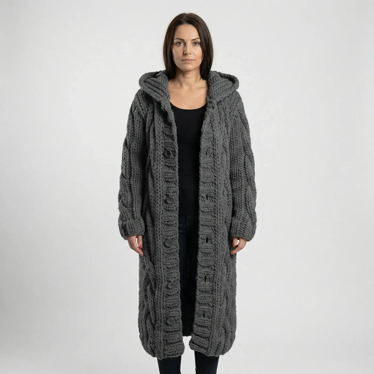 Dark Grey Women's Hooded Cable-Knit Cardigan with Button-Front & Relaxed Fit — Kate