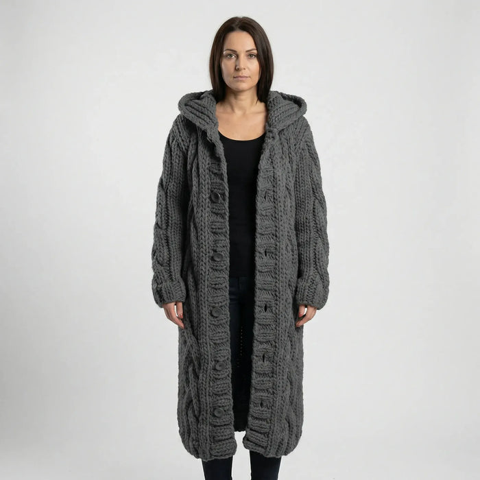 Dark Grey Women's Hooded Cable-Knit Cardigan with Button-Front & Relaxed Fit — Kate
