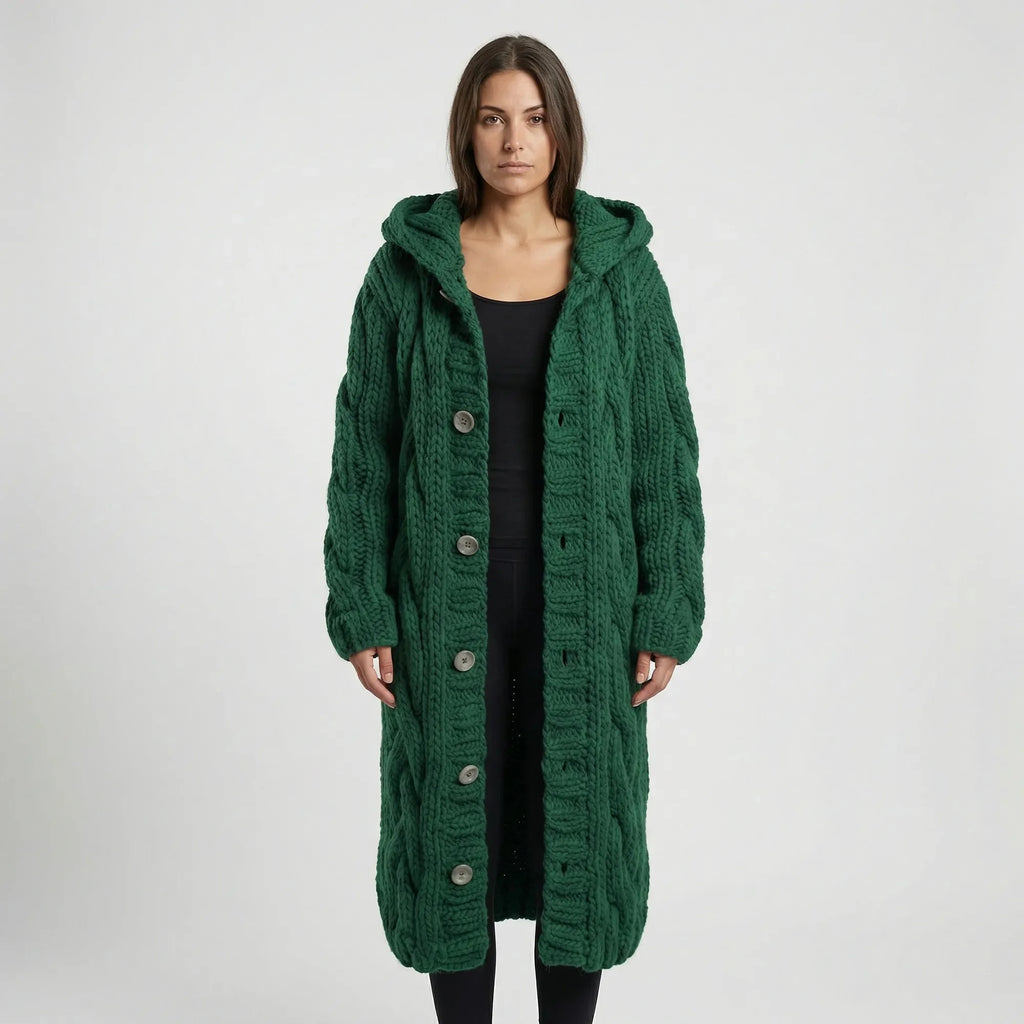 Green Women's Hooded Cable-Knit Cardigan with Button-Front & Relaxed Fit — Kate