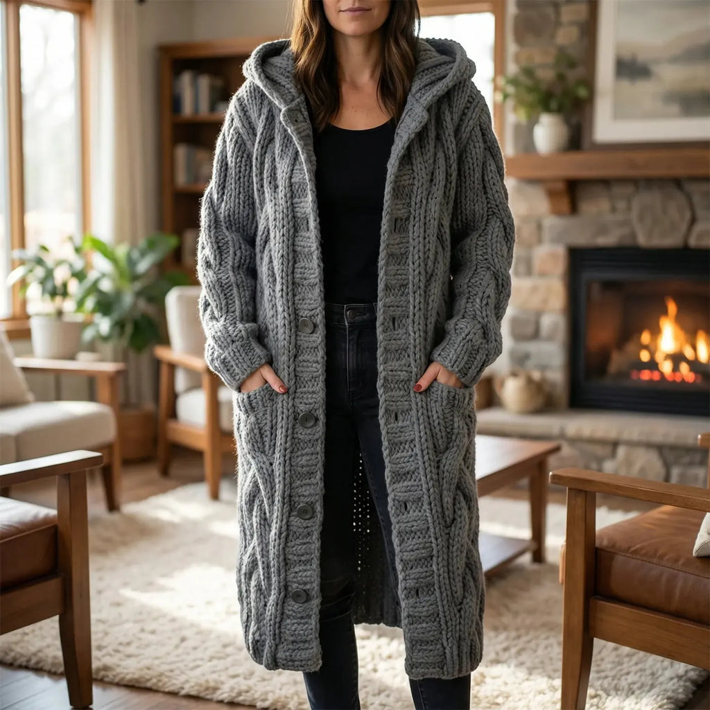 Women's Hooded Cable-Knit Cardigan with Button-Front & Relaxed Fit - Lifestyle Pose