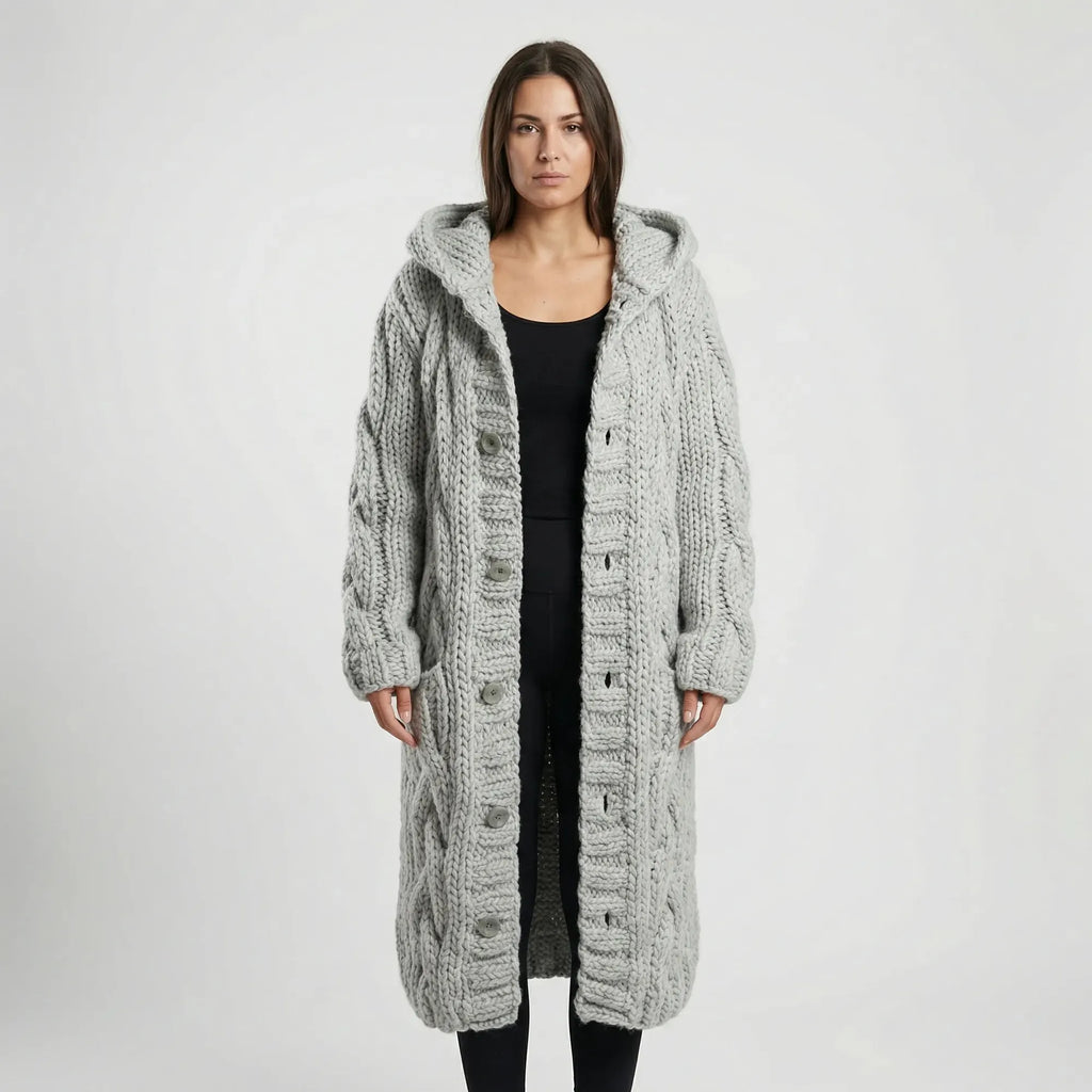 Light Grey Women's Hooded Cable-Knit Cardigan with Button-Front & Relaxed Fit
