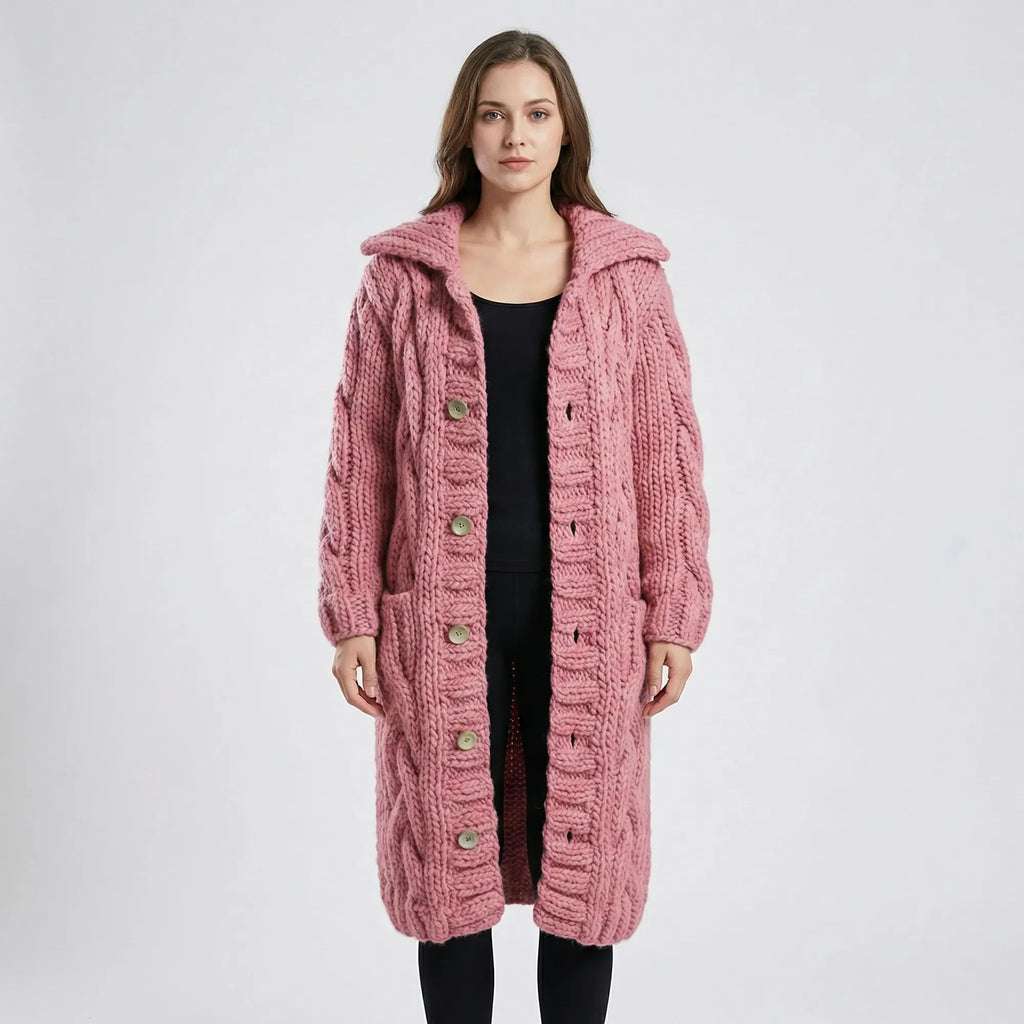 Light Pink Women's Hooded Cable-Knit Cardigan with Button-Front & Relaxed Fit — Kate