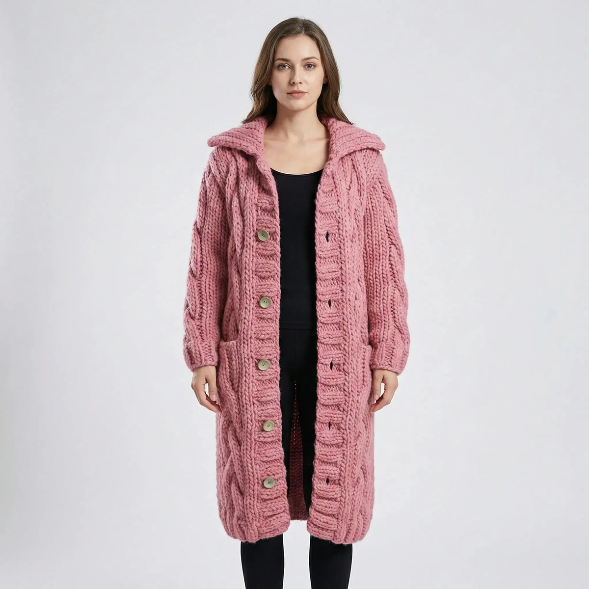 Light Pink Women's Hooded Cable-Knit Cardigan with Button-Front & Relaxed Fit — Kate