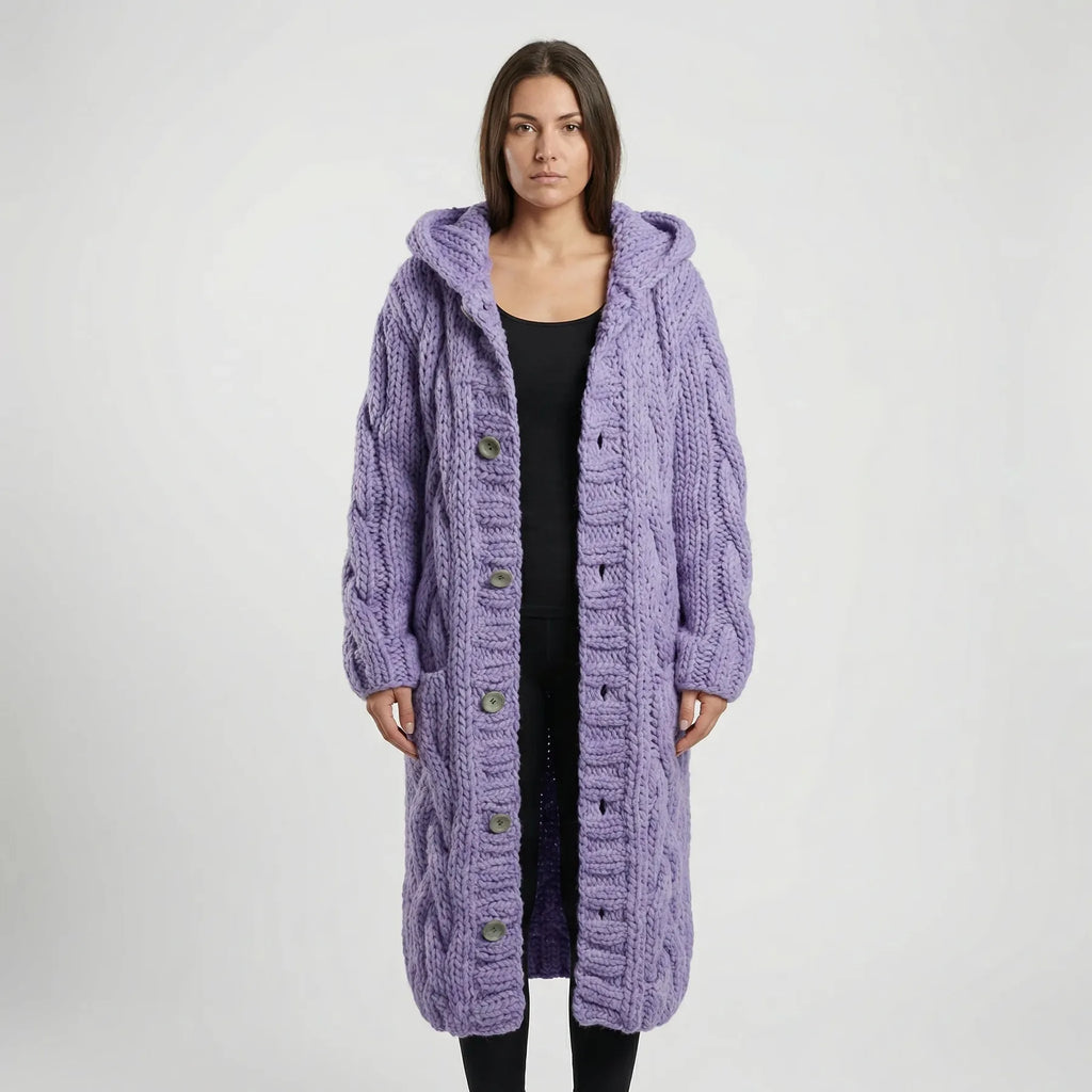 Purple Women's Hooded Cable-Knit Cardigan with Button-Front & Relaxed Fit — Kate