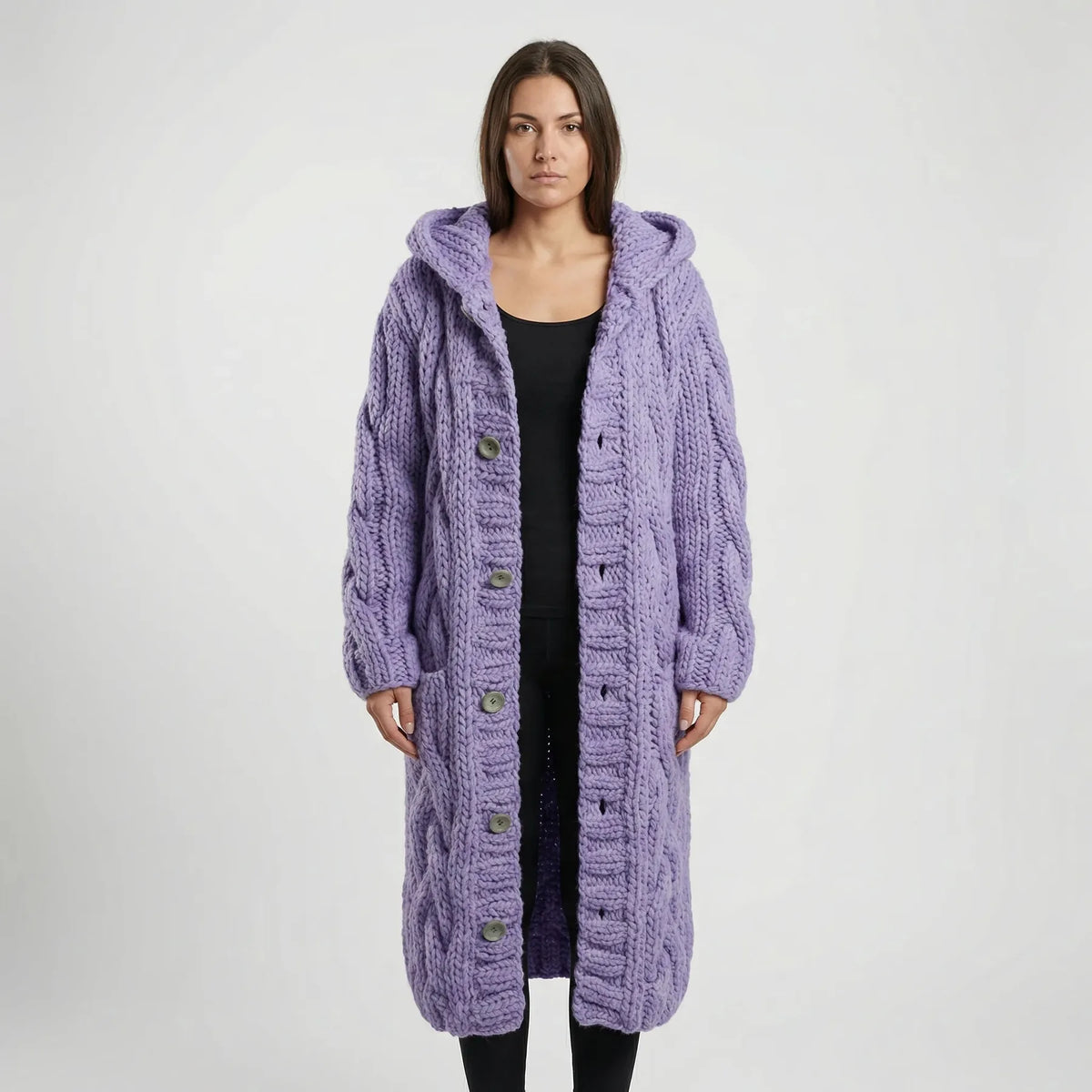 Purple Women's Hooded Cable-Knit Cardigan with Button-Front & Relaxed Fit — Kate