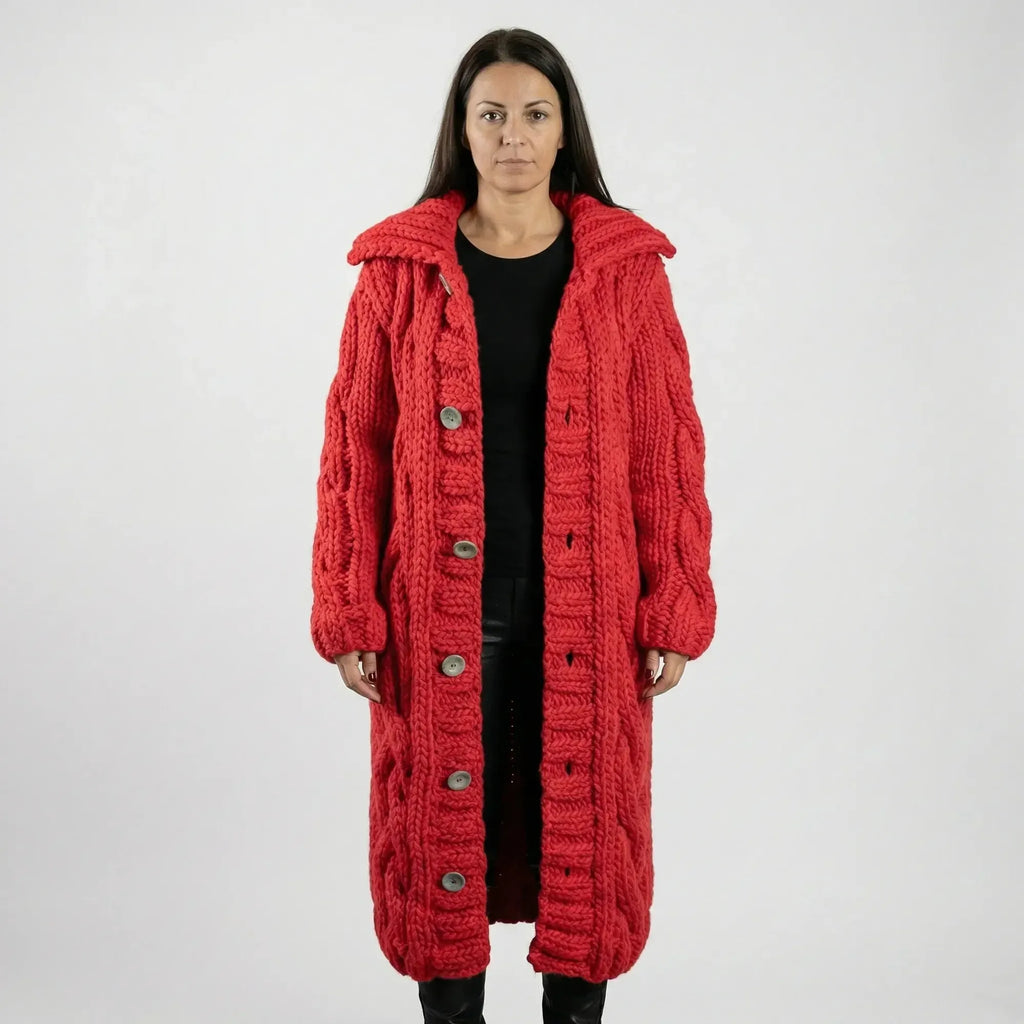 Red Women's Hooded Cable-Knit Cardigan with Button-Front & Relaxed Fit