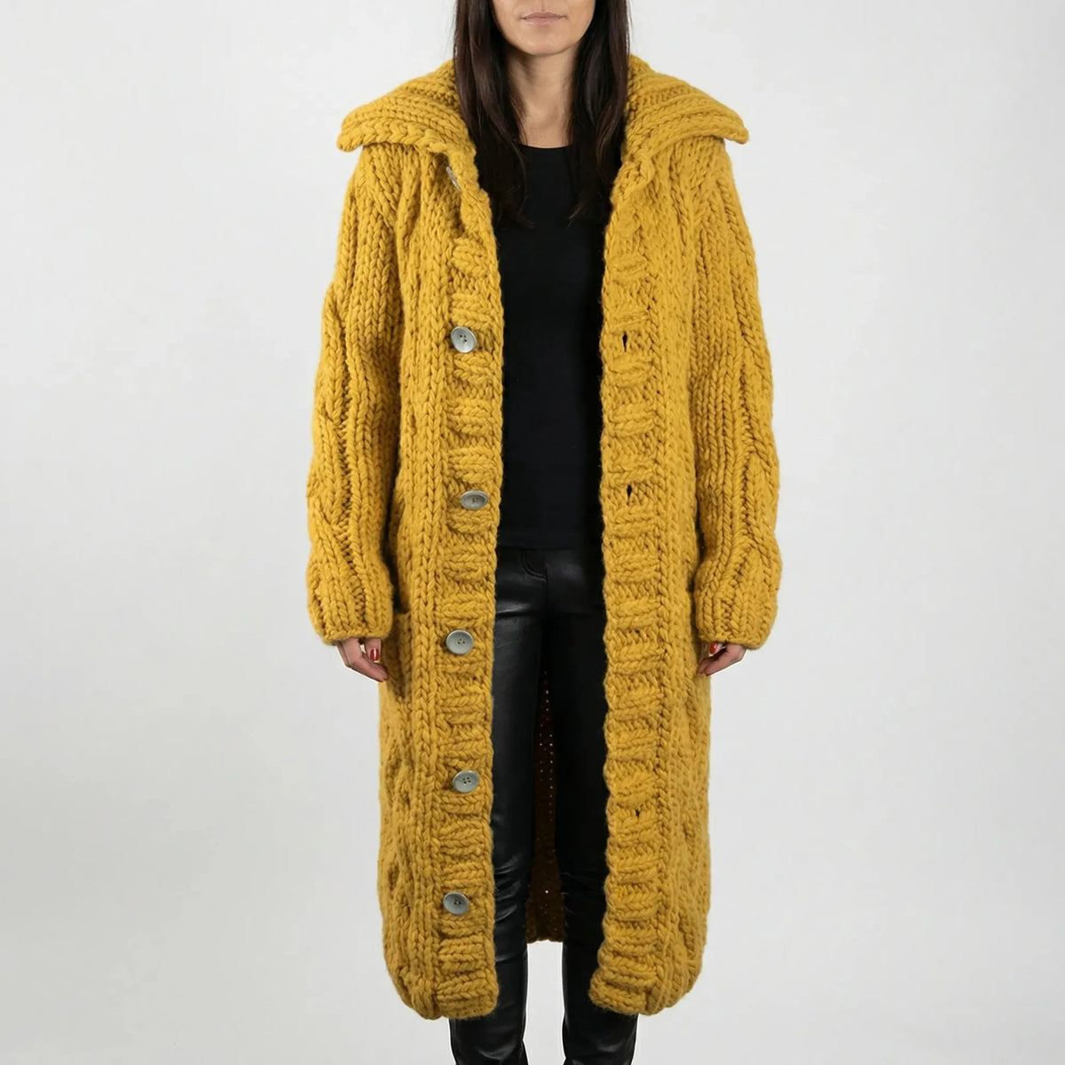 Yellow Women's Hooded Cable-Knit Cardigan with Button-Front & Relaxed Fit — Kate