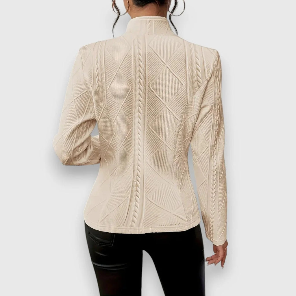 Beige Women's Cable Knit Sweater with Mock Neck & Button-Front Closure — Nadine - Back Close