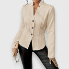 Beige Women's Cable Knit Sweater with Mock Neck & Button-Front Closure — Nadine - Front Open Collar