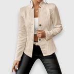 Beige Women's Cable Knit Sweater with Mock Neck & Button-Front Closure