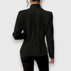 Black Women's Cable Knit Sweater with Mock Neck & Button-Front Closure — Nadine - Back View