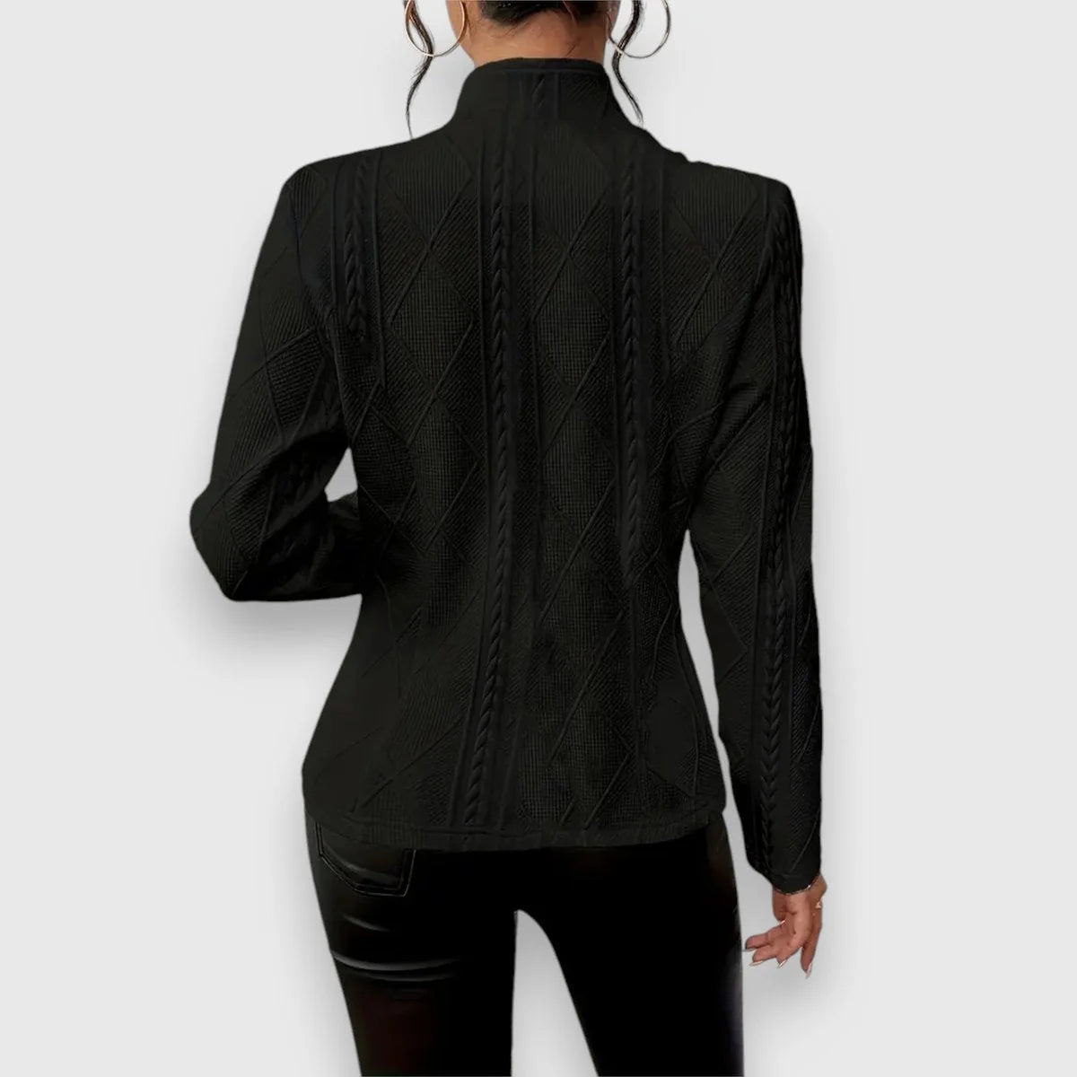 Black Women's Cable Knit Sweater with Mock Neck & Button-Front Closure — Nadine - Back View