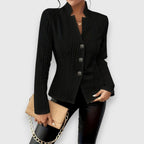 Black Women's Cable Knit Sweater with Mock Neck & Button-Front Closure