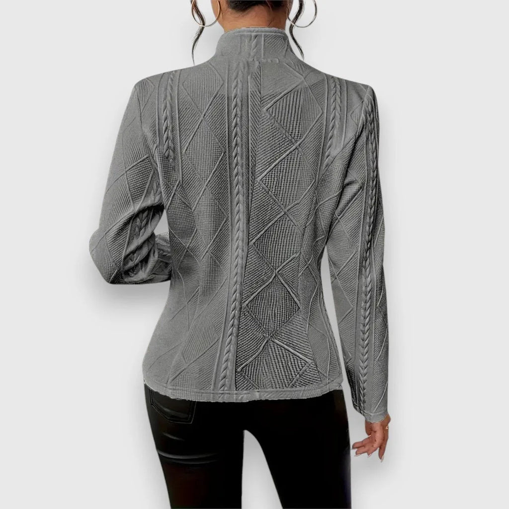 Gray Women's Cable Knit Sweater with Mock Neck & Button-Front Closure — Nadine - Back Full