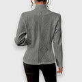 Gray Women's Cable Knit Sweater with Mock Neck & Button-Front Closure — Nadine - Back Full
