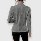 Gray Women's Cable Knit Sweater with Mock Neck & Button-Front Closure — Nadine - Back Full