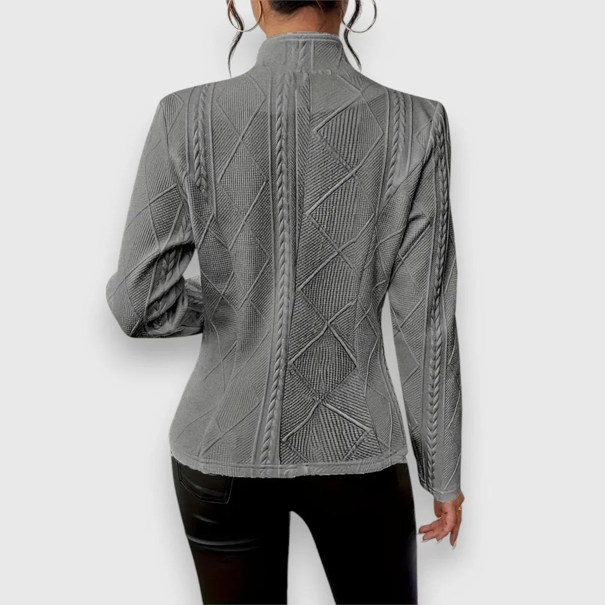 Gray Women's Cable Knit Sweater with Mock Neck & Button-Front Closure — Nadine - Back Full