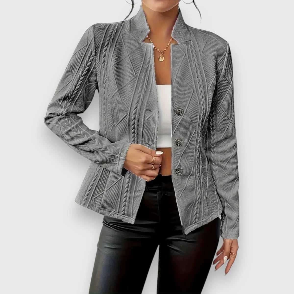 Gray Women's Cable Knit Sweater with Mock Neck & Button-Front Closure