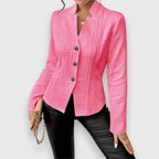 Pink Women's Cable Knit Sweater with Mock Neck & Button-Front Closure — Nadine - Front Buttoned Pose